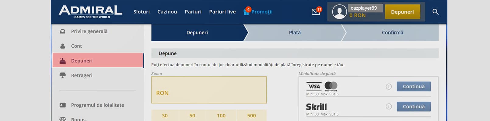 Admiral bonus la prima depunere 