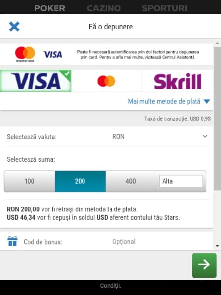 depunere pokerstars bonus