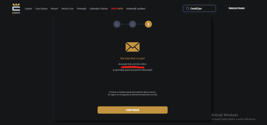 confirmare inregistrare conticazino