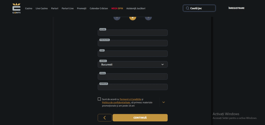 introducere date personale inregistrare conticazino