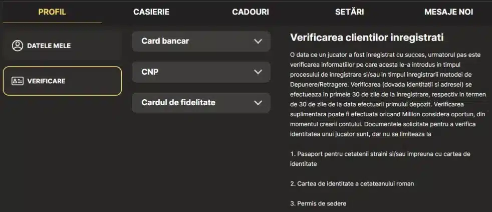 detalii verificare cont million casino