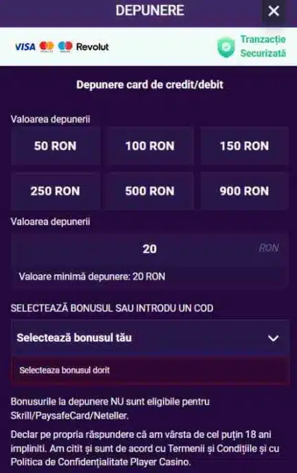 cum faci o depunere player pasul 2