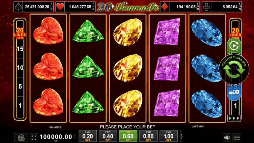 20 diamonds ecran de joc